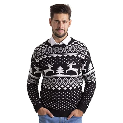 Imagen de BlauerHafen Jersey de Navidad para hombre manga larga punto cuello redondo Crew suéter, Negro , L