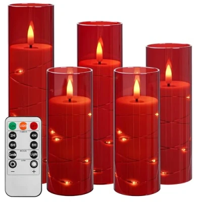 Imagen de Da by vela LED con guirnalda de luces, a pilas mando distancia y temporizador 24 horas, sin llama para decoración interiores (Rojo, juego 5)
