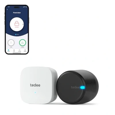 Imagen de tedee GO 2 Set Cerradura plateada y Puente de puerta inteligente WiFi Solución Smart Home para iOS Android Bluetooth Bloqueo del motor Desbloqueo automático Sin