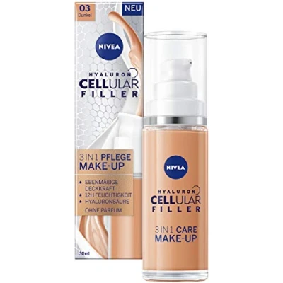 Imagen de NIVEA Hyaluron Cellular Filler 3 en 1 Maquillaje de cuidado, oscuro (30 ml), base hidratante con hialurón facial para una tez más uniforme
