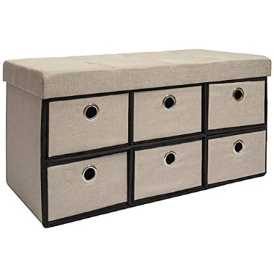Imagen de DuneDesign Otomana Cómoda Plegable 76x38x38cm con 6 cajones 80L pie de Cama escabel Rectangular sofá Dos plazas Forrado Tela Beis Gris