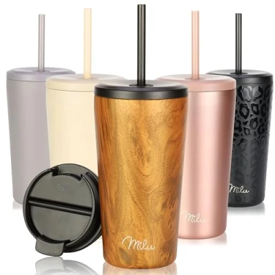 Imagen de Milu Termo Cafe 300ml, 400ml, 500ml Vaso Termico Antigoteo, Taza Termica acero inox sin BPA, Insulated Mug para llevar (Wood, 500ml)