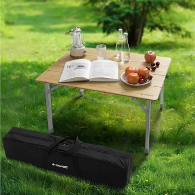 Imagen de Navaris Mesa Camping Plegable de 65 x 50 cm con 3X Altura Regulable Mesas Plegables Portatiles Bambú Patas Aluminio para Jardín Playa Picnic