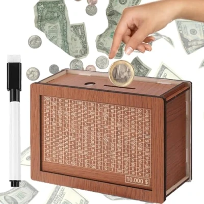 Imagen de Hucha de Madera,Hucha con Contador,Hucha Reutilizable bolígrafo,Hucha Objetivo Ahorro y números para marcar,para Ayudar a Los Niños Desarrollar el Hábito Ahorr. (D)