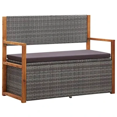 Imagen de vidaXL Banco de Jardín con Almacenaje Asiento Patio Alamcenamiento Ratán Gris Madera Maciza Acacia
