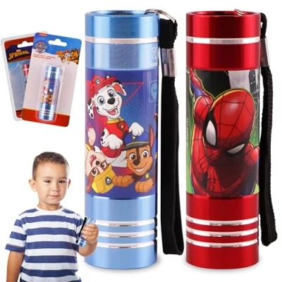 Imagen de 2X Antorchas LED de Aluminio Spiderman Linterna Súper Brillante Niños Paw Patrol Luz Nocturna Cordón Propósito General Antorcha Mano Pequeña Corte Energía, Camping, Pasear Perros Mini