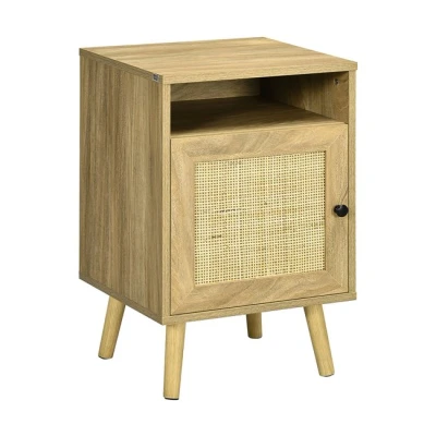 Imagen de HOMCOM Mesita de Noche Mesilla con Puerta Ratán y Compartimiento Abierto Mesa Auxiliar para Dormitorio Salón Cama 39x35x60 cm Natural