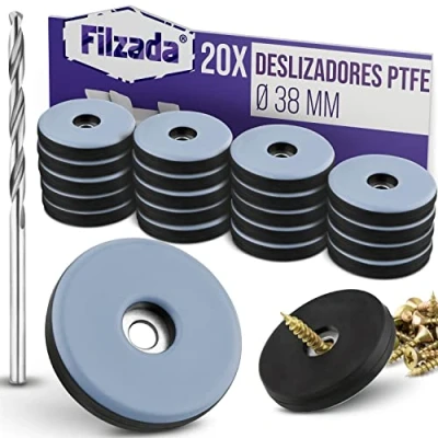 Imagen de Filzada® 20x Almohadillas de Teflón para Muebles, con Tornillo Ø 38 mm (redondo) Deslizadores muebles/deslizadores alfombras PTFE (Teflón) incl. tornillos