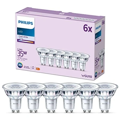 Imagen de Philips Bombilla tipo foco 3.5W (Eq. 35W) 275 lúmenes, casquillo GU10, Luz Blanca Fría (4000k) Pack 6 Bombillas