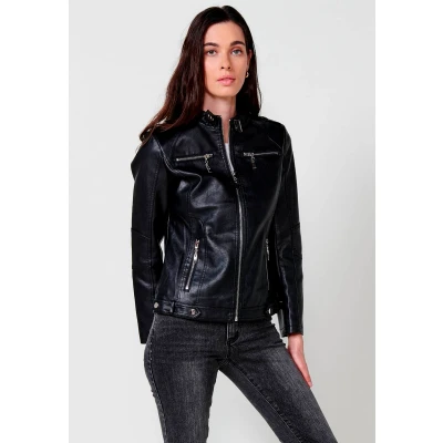 Imagen de Chaqueta Cazadora de efecto piel manga larga con Cuello redondo y Cierre delantero cremallera color Negro para Mujer