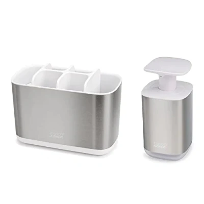 Imagen de Joseph Bathroom Beauties Set de 2 Piezas para Lavabo con Soporte Grande Cepillo Dientes y Dosificador Higiénico Jabón, Acero Inoxidable