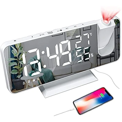 Imagen de Despertador Digital de Proyección, Radio con 180 Rotativo Proyector Cargador USB Humedad Temperatura, Snooze Dual Alarma Ajustable Brillo LED Espejo(Blanco)
