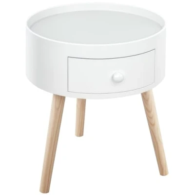 Imagen de HOMCOM Mesita de Noche con 1 Cajón Mesa Auxiliar Redonda Borde Elevado y 3 Patas Madera para Dormitorio Sala Estar Estilo Moderno Ø38x45 cm Blanco