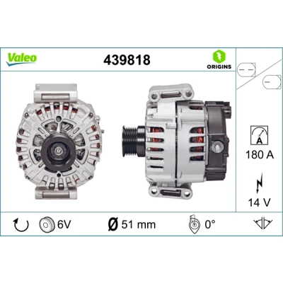 Imagen de VALEO 439818 Alternador 14V 180A MERCEDES BENZ: Vito Mixto, Sprinter 3.5 T Furgón, Viano