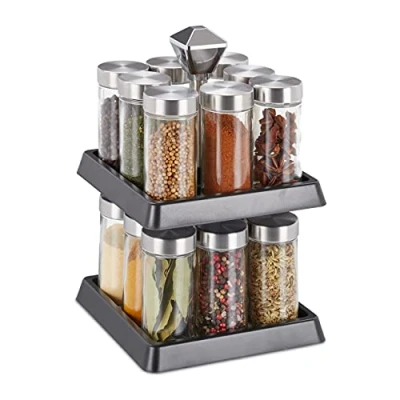 Imagen de Relaxdays 0 Especiero Giratorio, Organizador Especias Rotatorio, 16 Botes con Tamiz, 27 x 16,5 cm, Plateado y Negro, Acero Inoxidable, 1 Pieza