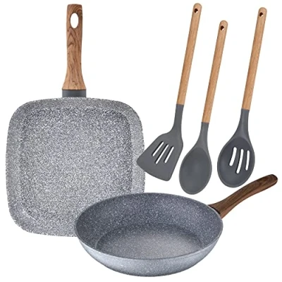 Imagen de San Ignacio Juego de sarten con asador Grill 26 cm y 28x28 en Aluminio Forjado Set 3 Utensilios Cocina