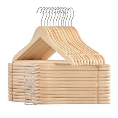 Imagen de SONGMICS Perchas de Madera, 24 Unidades, para Abrigos, con Ranuras los Hombros, Barra Pantalones, Gancho Giratorio 360, Chaquetas Camisas Beige Natural CRW010N24