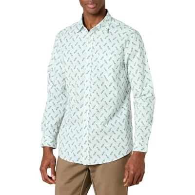 Imagen de Amazon Essentials Camisa en Popelina Elástica de Manga Larga y Corte Regular Hombre, Azul Claro Estampado Pájaro, XS