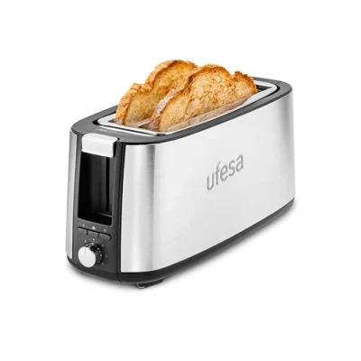 Imagen de Ufesa Tostadora Toastie Duo Plus 750W de Acero Inoxidable, 2 Ranuras Largas, 7 Niveles Potencia, Funciones Recalentar/Descongelar/Cancelar y Bandeja Recogemigas Extraíble