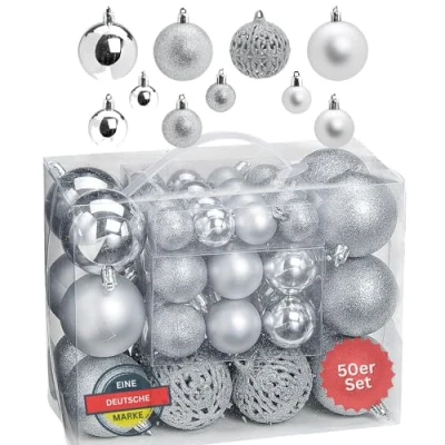 Imagen de WOMA Juego de Bolas Navidad en 14 Colores navideños 50 y 100 Plata plástico Oro, Plata, Rojo &amp; Bronce/Cobre UVM. decoración para árbol