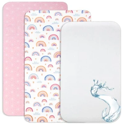 Imagen de Lovely Hippo 2 Sabanas minicuna Colecho 100% Algodon + 1 Protector de colchón Impermeable para Bebe 50x83cm Compatible con cunas, colchon (Arco Iris, 55 x 90 cm)