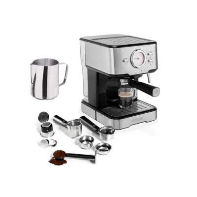Imagen de Máquina de café y cápsula con espumador leche para capuchino, latte espresso macchiato, 20 bares, color negro acero inoxidable