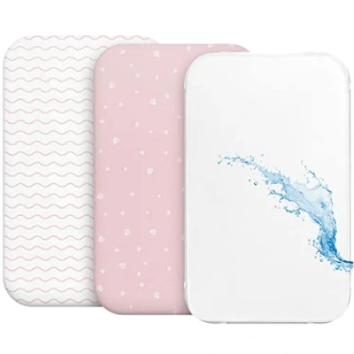 Imagen de Sweety Fox 2 Sabanas Minicuna + 1 cubrecolchon para minicunas Bebes Impermeable elástico Lote de 3 Ropa Cuna Talla 55x90cm Compatible con cunas, colchon Niño y Niña Rosa