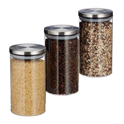 Imagen de Relaxdays Recipientes para Alimentos, Botes de 1L, Tapa Acero Inoxidable, Tarro Galletas, 3 Uds, Transparente, Silicona, 1 L