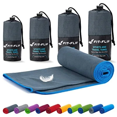 Imagen de Fit Flip Toalla Microfibra Toallas microfibras para el Gimnasio y Viaje Gym compacta, Ultraligera de Secado rápido Playa Grande Natacion (40x80cm Gris Oscura Borde Azul)