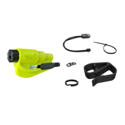 Imagen de resqme Paquete de accesorios con llavero emergencia original, herramienta escape coche, cortador cinturón seguridad 2 en 1 y rompevientos, brida para cables, amarillo