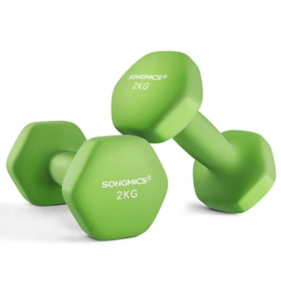 Imagen de SONGMICS Juego de 2 Mancuernas, x kg, Mancuernas Hexagonales con Superficie Vinilo, para Fitness, Ejercicio, Entrenamiento, Gimnasia en Casa, Verde Lima SYL904C01