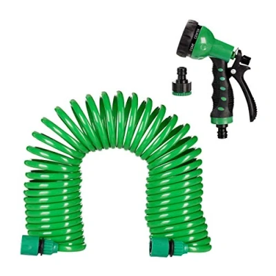 Imagen de Relaxdays Manguera Extensible con Pistola de riego, Espiral Diez Metros, Boquilla Manguera, Verde