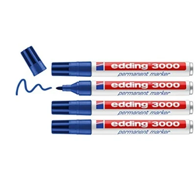 Imagen de edding 3000 marcador permanente azul 4 rotuladores punta redonda 1,5 3 mm indeleble de secado rápido resistente al agua y a los borrones cartón, plástico, madera, metal, tela universal