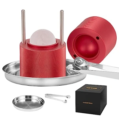 Imagen de VEVOR Prensa para Bolas de Hielo 2,4&quot; Kit Aleación Avión Esferas 60mm, con Pinza y Bandeja Goteo, Whisky, Cocktail, Rojo