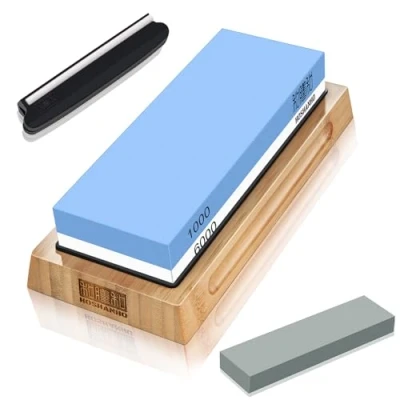 Imagen de HOSHANHO Piedra de Afilar Cuchillo 1000/6000 Grano, Afilador Cuchillos Profesional 2 en 1 molino con Base Silicona Antideslizante y Guía Ángulo