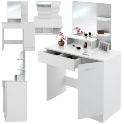 Imagen de TecTake® tocador de Maquillaje con Espejo Grande, 3 estantes Abiertos, cajón Inferior, Compartimento Lateral, Gran Resistencia, Superficie Resistente, tocador, Mesa Blanco