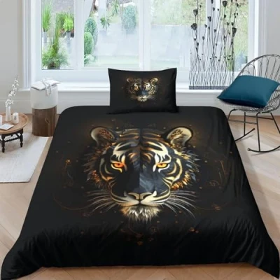 Imagen de Juego De Ropa Cama, 3D Tigre Guay Impresión Microfibra Fundas Edredón Incluye Funda Nórdica Y Almohada para Familiar Niños Single（135x200cm）
