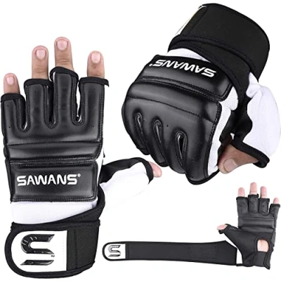 Imagen de SAWANS Saco de Boxeo Guantes Manoplas Karate MMA Combate Corporal Taekwondo Entrenamiento Artes Marciales Lucha Grappling Muay Thai (Negro, Mediano)