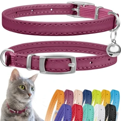 Imagen de CollarDirect Collar de Piel para Gato, Seguridad Gato con Correa elástica, Gatito Campana, Negro, Azul, Rojo, Naranja, (Cuello 6 a 7 Pulgadas, Rosa)