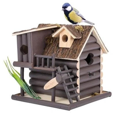 Imagen de Belle Vous Pajarera de Madera Casa Nido para Pajaros Voladera Decorativa Pajaro Jardin Exterior Casita Aves 20 x 18 cm con Doble Entrada y Aspecto Rústico