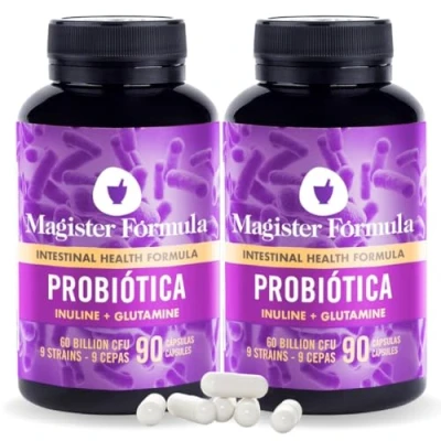 Imagen de Probióticos y Prebióticos Intestinales Con Inulina Glutamina Sistema Inmunológico, Colon Irritable 90 Cápsulas Repara Flora Intestinal Vaginal 60 Mil Millones UFC (Paquete de 2)