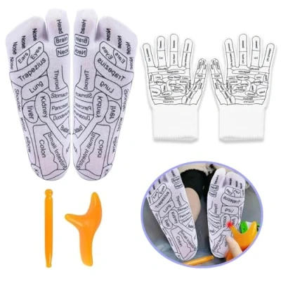 Imagen de 1 Par Calcetines Reflexologia Podal con Guantes de Masaje y Herramienta, para Aliviar el Cansancio, Masajeador Pies Mejorar la Salud los (Mujeres)
