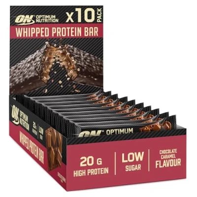 Imagen de Barritas de Proteína Batida Optimum Nutrition, Snacks Saludables Bajos en Calorías, Bajo Carbohidratos y Azúcar, Snack para Hombres Mujeres, Sabor a Caramelo Chocolate, 10 x 65 g