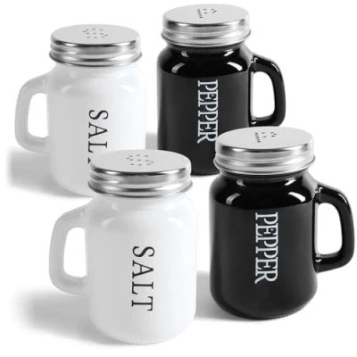 Imagen de COM FOUR® Juego de salero y pimentero 4 piezas especiero con Tapa Rosca asa Tarro Especias en Forma Jarra Cerveza inscripción Cocteleras (4 vidrio negro/blanco)