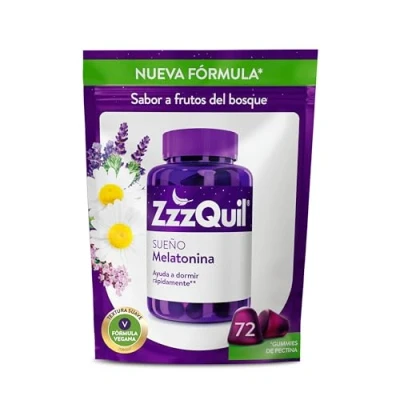 Imagen de ZzzQuil Sueño Gummies Complemento para dormir de Melatonina con Valeriana, Camomila, Lavanda y Vitamina B6, Ayuda a rápidamente, Sabor Frutos del Bosque, Apto veganos, 72