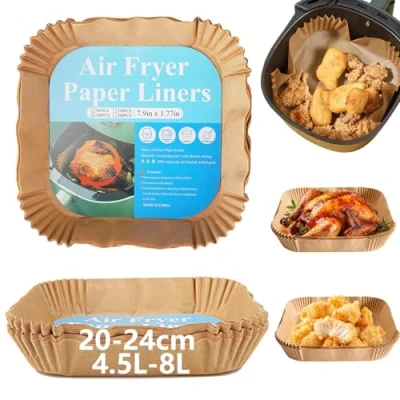Imagen de 100 Hojas Papel Freidora Aire Air Fryer Cuadrado, 20 24cm, 4.5 8L, Pura Celulosa de Madera, Silicona en Ambos Lados, Resistente al Aceite &amp; Antiadherente, para Airfryer, Horno Microondas