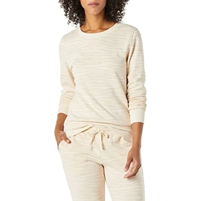 Imagen de Amazon Essentials Sudadera de Cuellocaja Forro Polar y Tejido Rizo Francés (Disponible en Tallas Grandes) Mujer, Beige Estampado Rayas Cebra, M