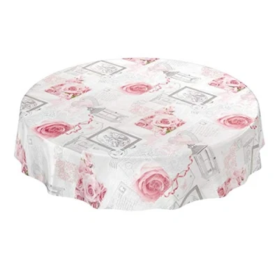 Imagen de ANRO Mantel de Hule, Encerado, Lavable, diseño Rosas rústicas, Color Gris, Redondo, 140 cm