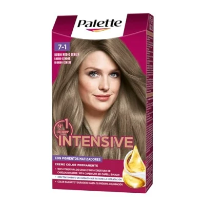 Imagen de PALETTE Intensive Creme Color 7 1 Rubio Medio Ceniza, tinte permanente con aceite de macadamia y almendras, cubre el 100% las canas raíces, para un pelo radiante