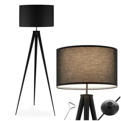 Imagen de TecTake® lámpara de pie, base trípode acero, pantalla aspecto lino, lampara lectura, diseño moderno, suelo, interruptor pie salon, Negro